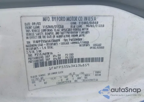 2003 Ford Taurus Ses from USA, damaged, VIN 1FAFP55S63A136859